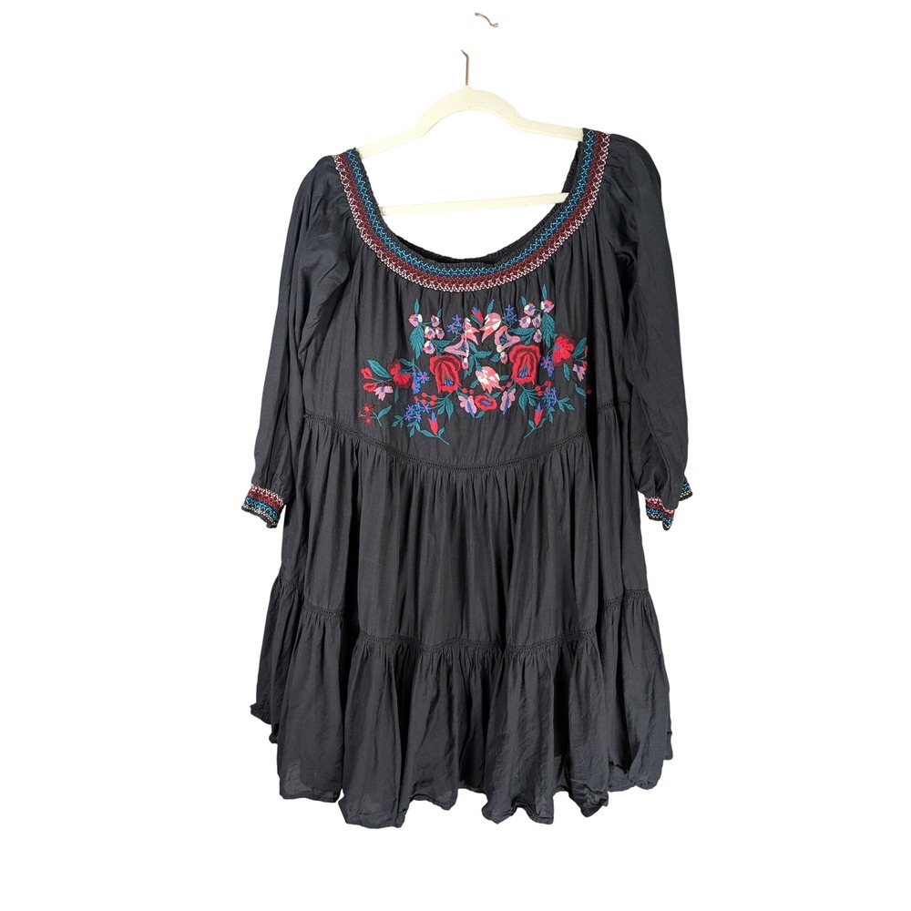 Free People Sunbeams Mini Dress Womens L Black Embroidered Floral Peasant Boho